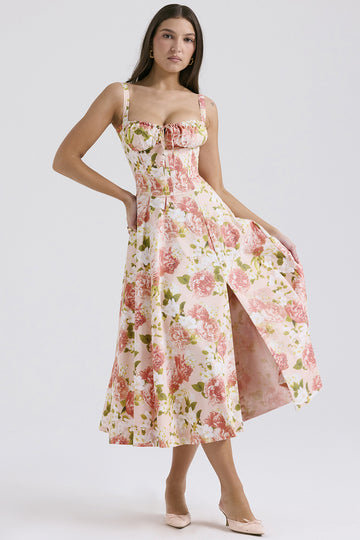 Woochic robe cocktail imprimée trapèze à bretelles fendue cintrée rose 1 S